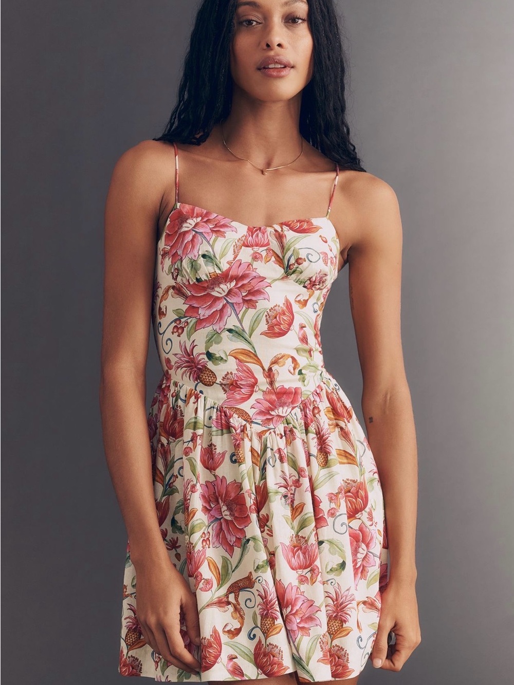 Farm Rio x Anthropologie Linen Blend Sweetheart Mini Dress Sz L -NWT